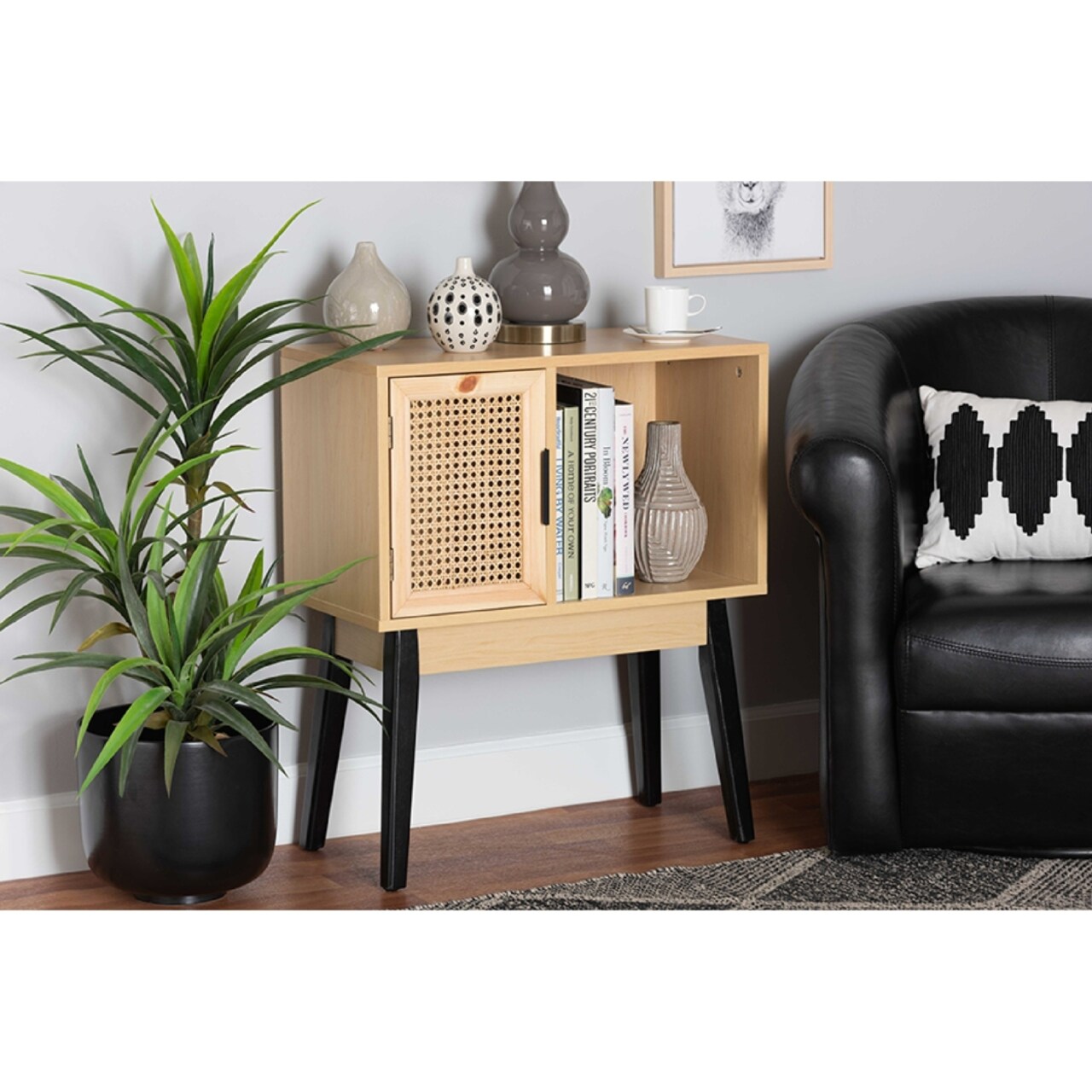 Wholesale Interiors Baxton Studio Dacre Mid-Century Modern Transitional Two-Tone Oak Brown and Black Finished Wood 1-Door Console Table with Natural Rattan
